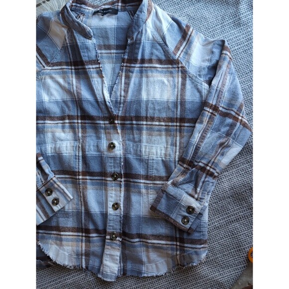 Blu Pepper Women's L Blue White Plaid Button-Up Long Sleeve Collarless Frayed - Picture 9 of 12